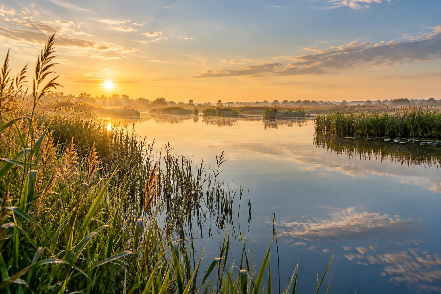 Sfeerbeeld van riet langs rustig water
